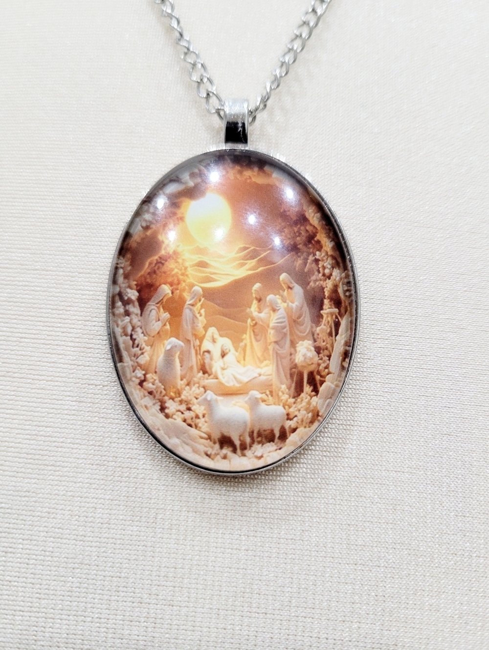 Brand New Silver Tone Glass Nativity Baby Jesus Pendant Necklace